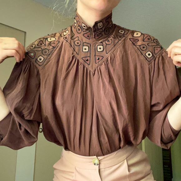 Mercedes & Adrienne Tops - VINTAGE silk chocolate brown blouse